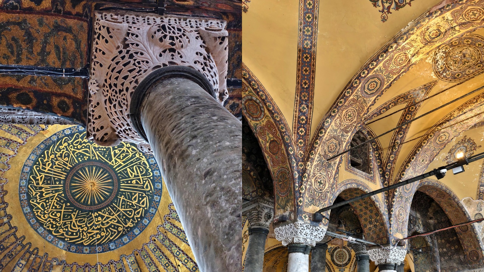 Đầu cột chạm khắc và vòm cuốn bên trong Hagia Sophia