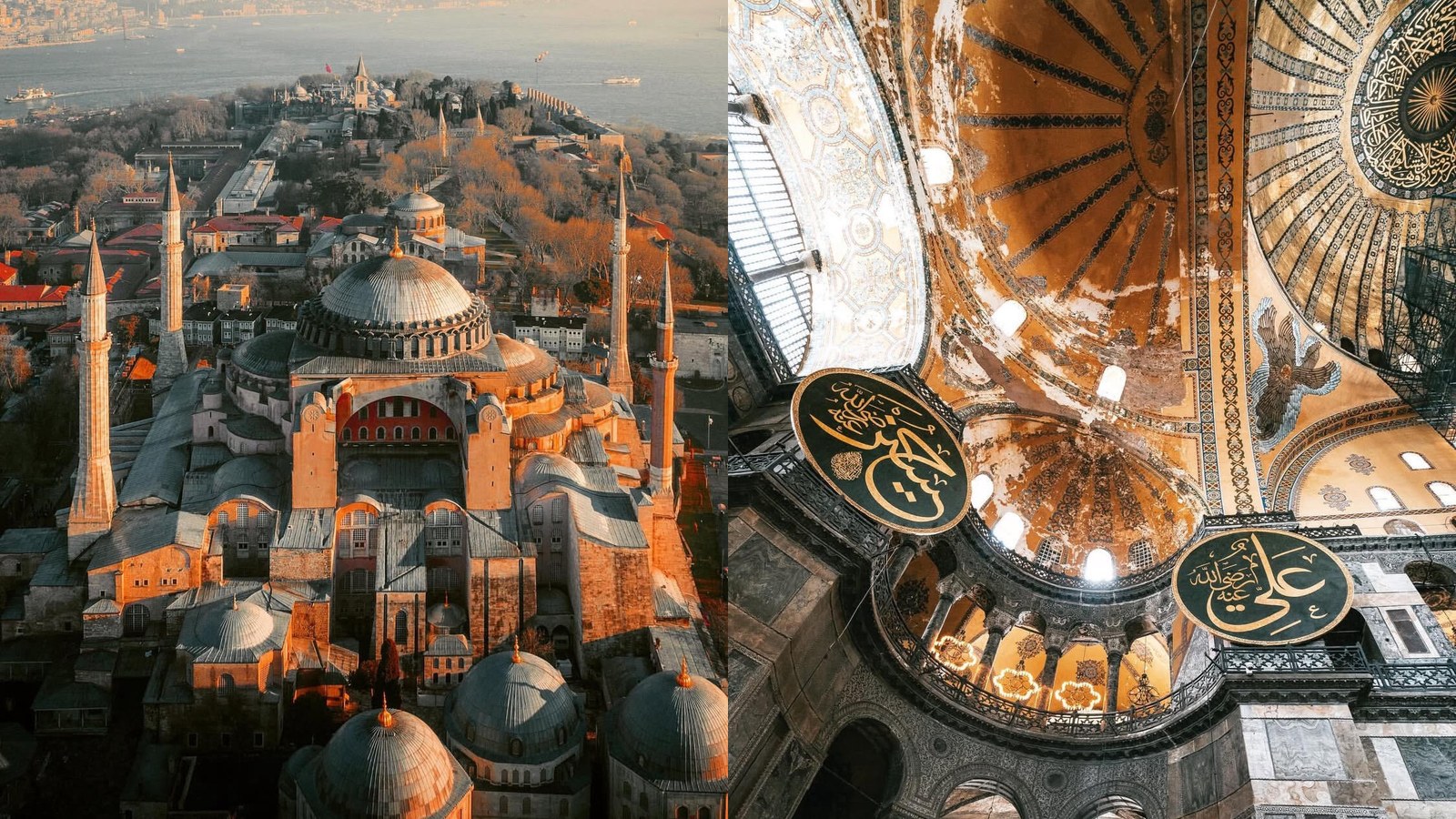 Hai góc ảnh tư liệu Hagia Sophia: ngoại thất và chi tiết mái vòm bên trong