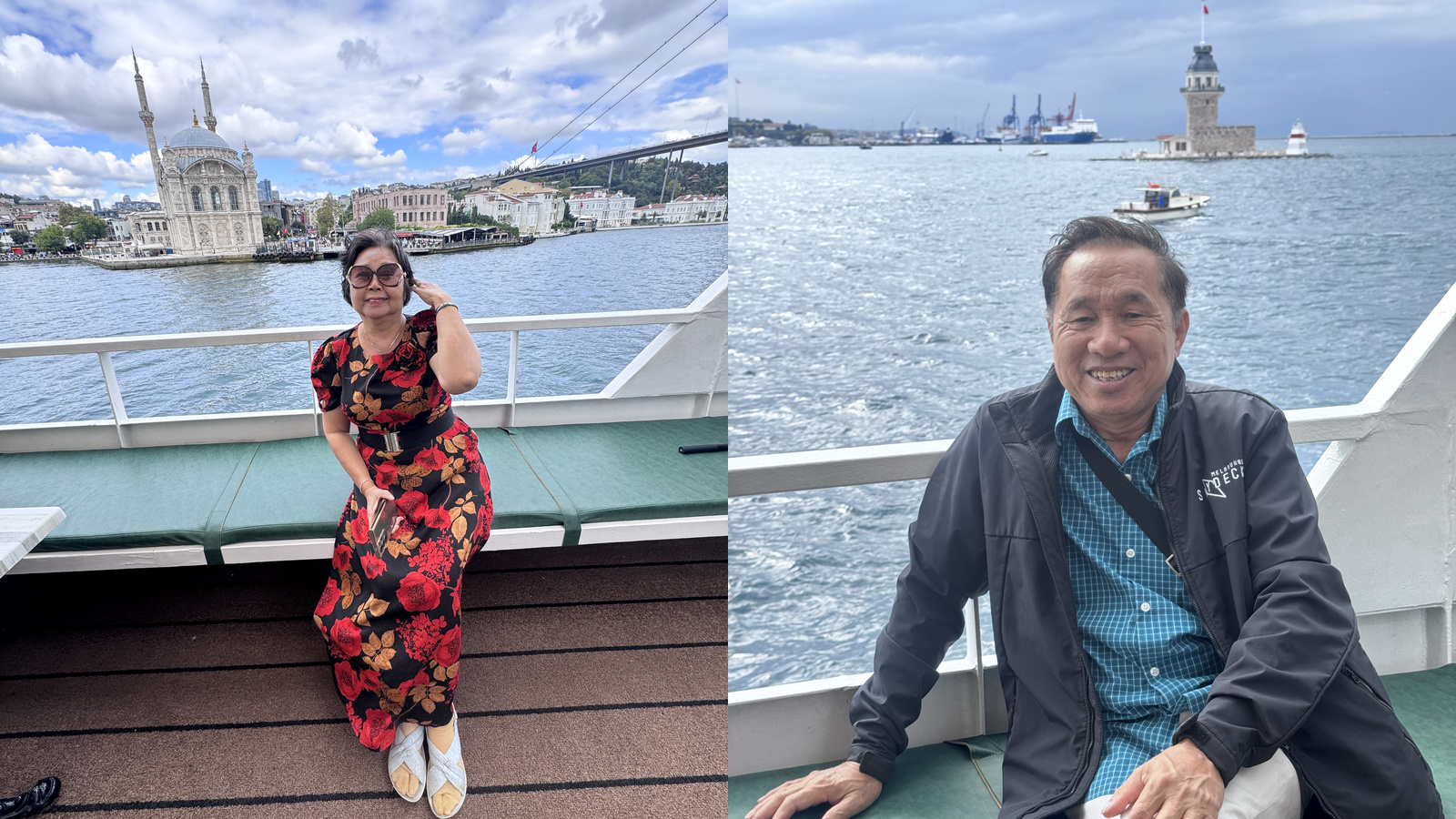 Trái: thánh đường Ortaköy phía sau khách đoàn; phải: Maiden’s Tower nhìn từ tàu