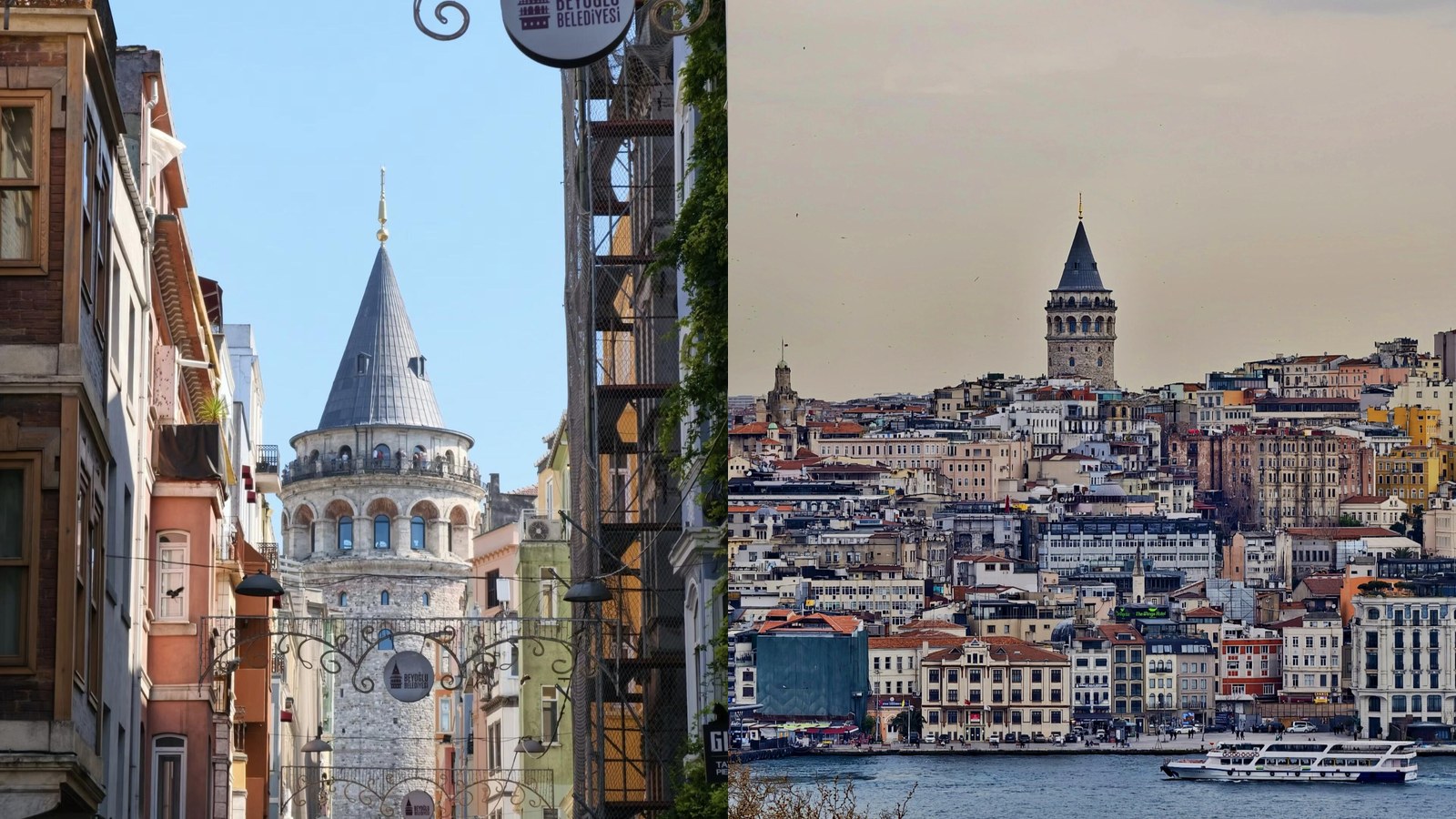 Tháp Galata nhìn từ đường phố và từ phía bên kia Golden Horn